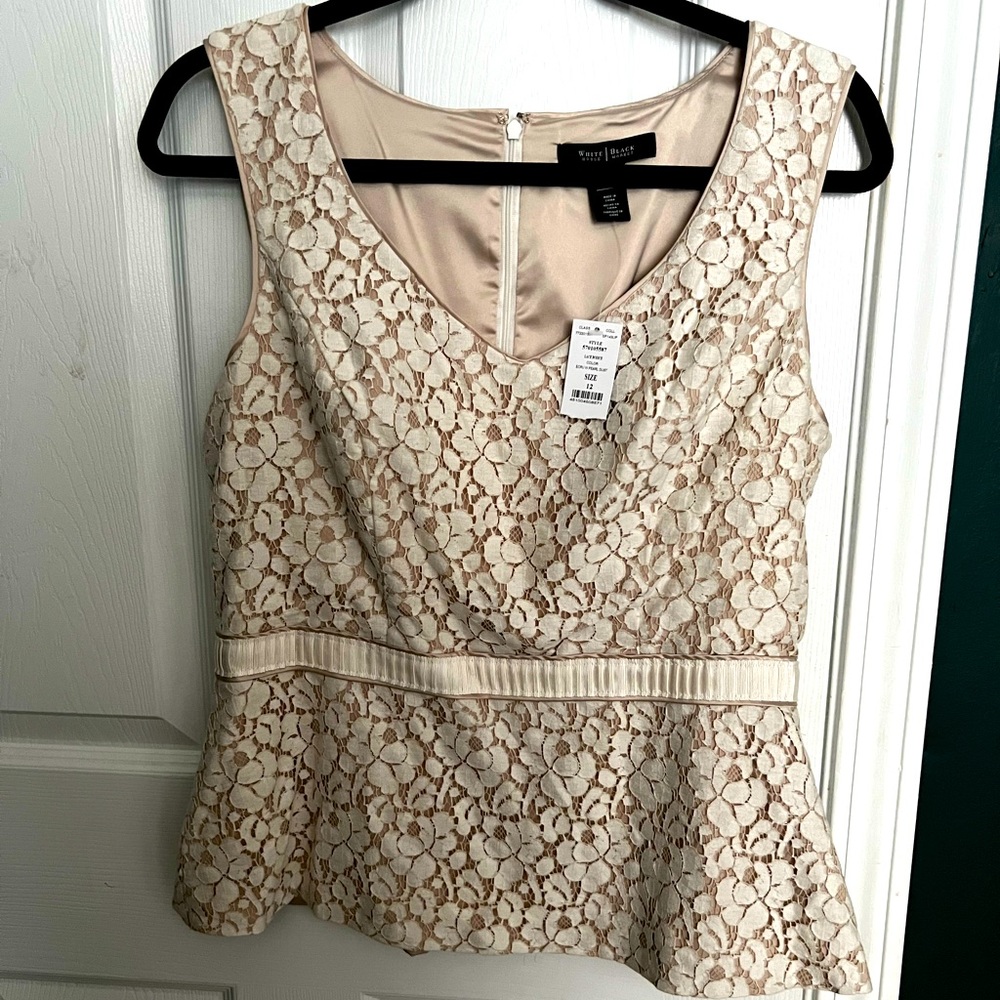 NWT White House Black Market Ivory Lace Sleeveless Top w/ Peplum Detail SZ 12